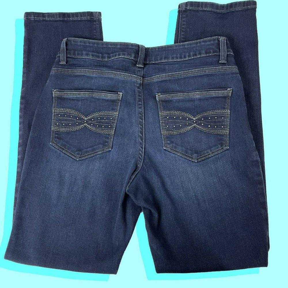 EUC Lee Perfect Fit Straight Leg Mid Rise Dark Wash Embellished Pocket Jeans 6 M